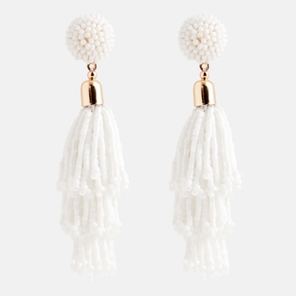 Pancea NEW White Iridescent Glass Beads and Silk Tassel Earrings